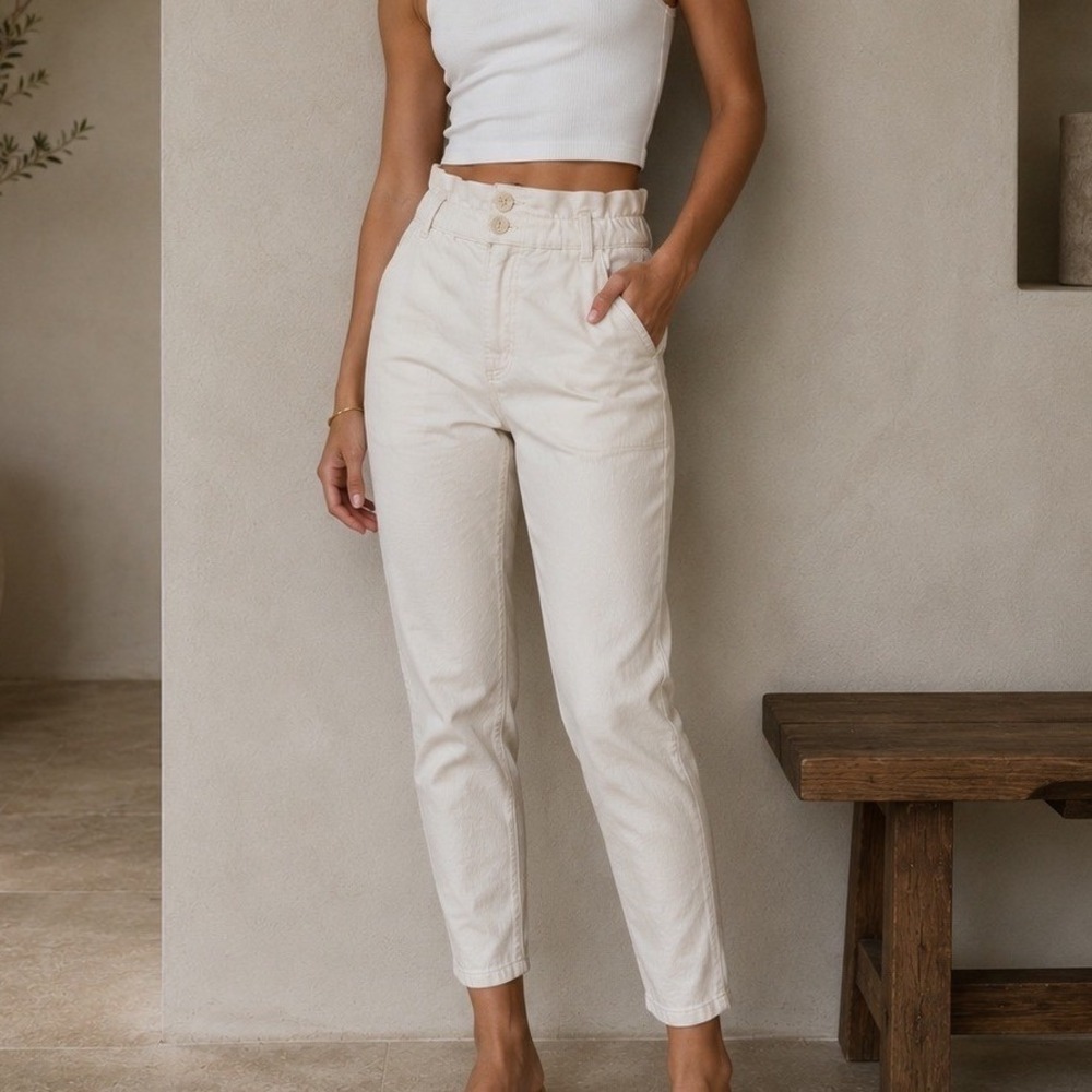 Zara White High Waisted Paperbag Denim‎ Jeans Tapered Leg XS